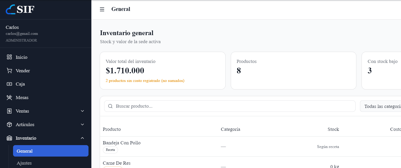 Pantalla de inventario de SIF con el valor total del stock